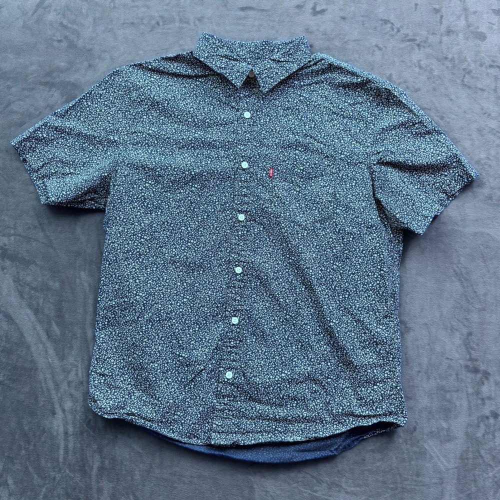 Levis Mens Navy Blue Floral Short Sleeve Button Down Shirt Standard Fit Large